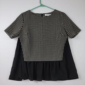 DO+BE Blouse womens Medium polka dots peplum short sleeve black white zip